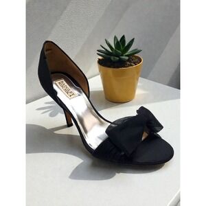 Badgley Mischka Black Satin Bow Peep Toe Heels Women's‎ Size 9.5